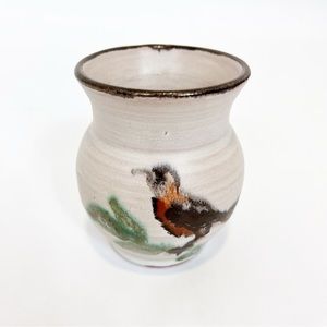 Pottery Vase With Hand Painted Bird Signed Small 3.5” Tall